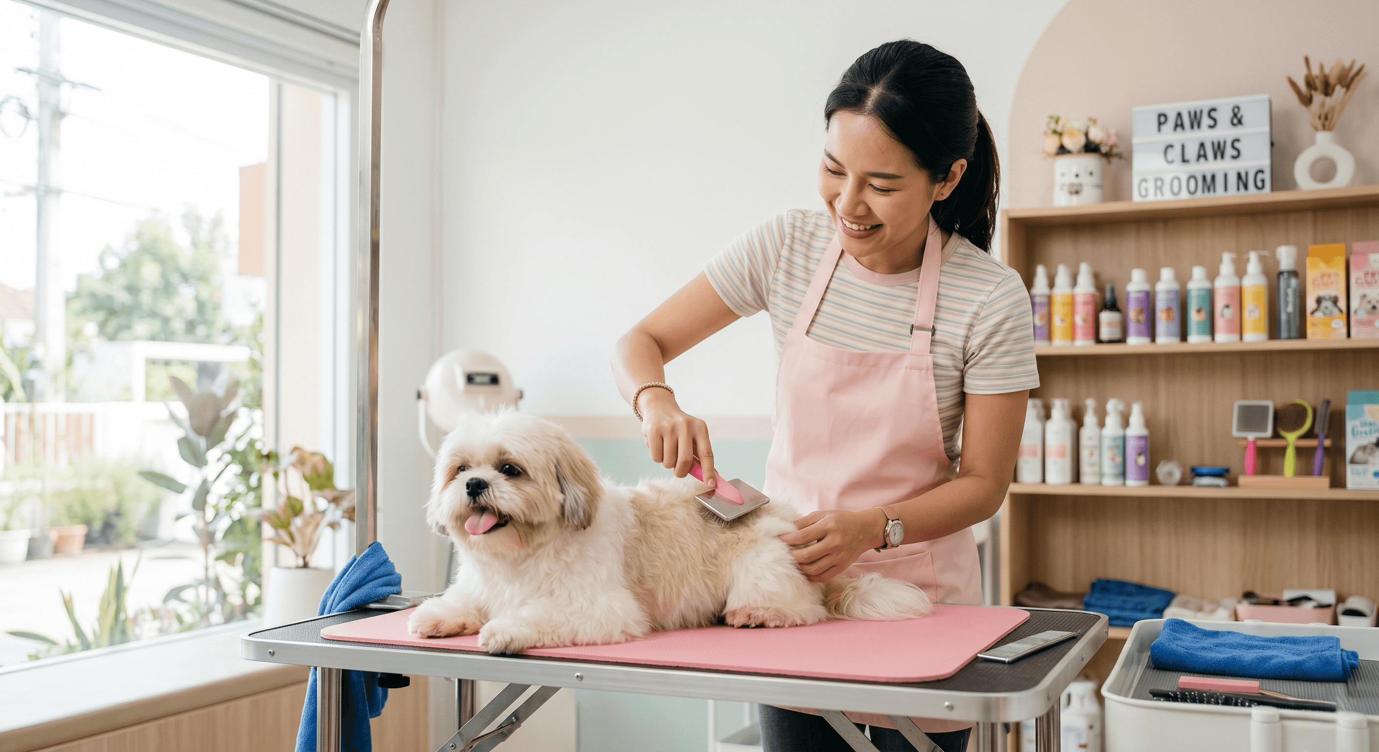 Thai groomer with Shih Tzu