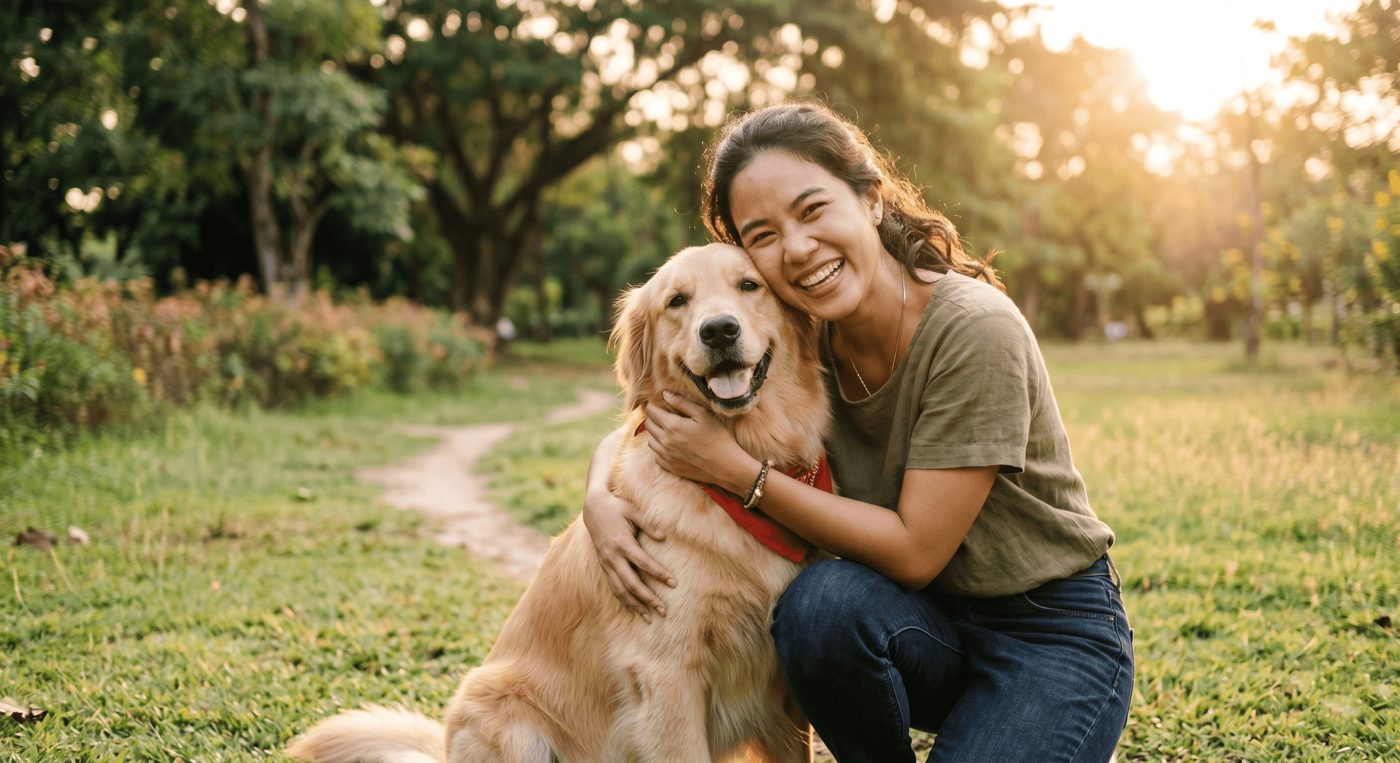 Happy pet owner with Golden Retriever