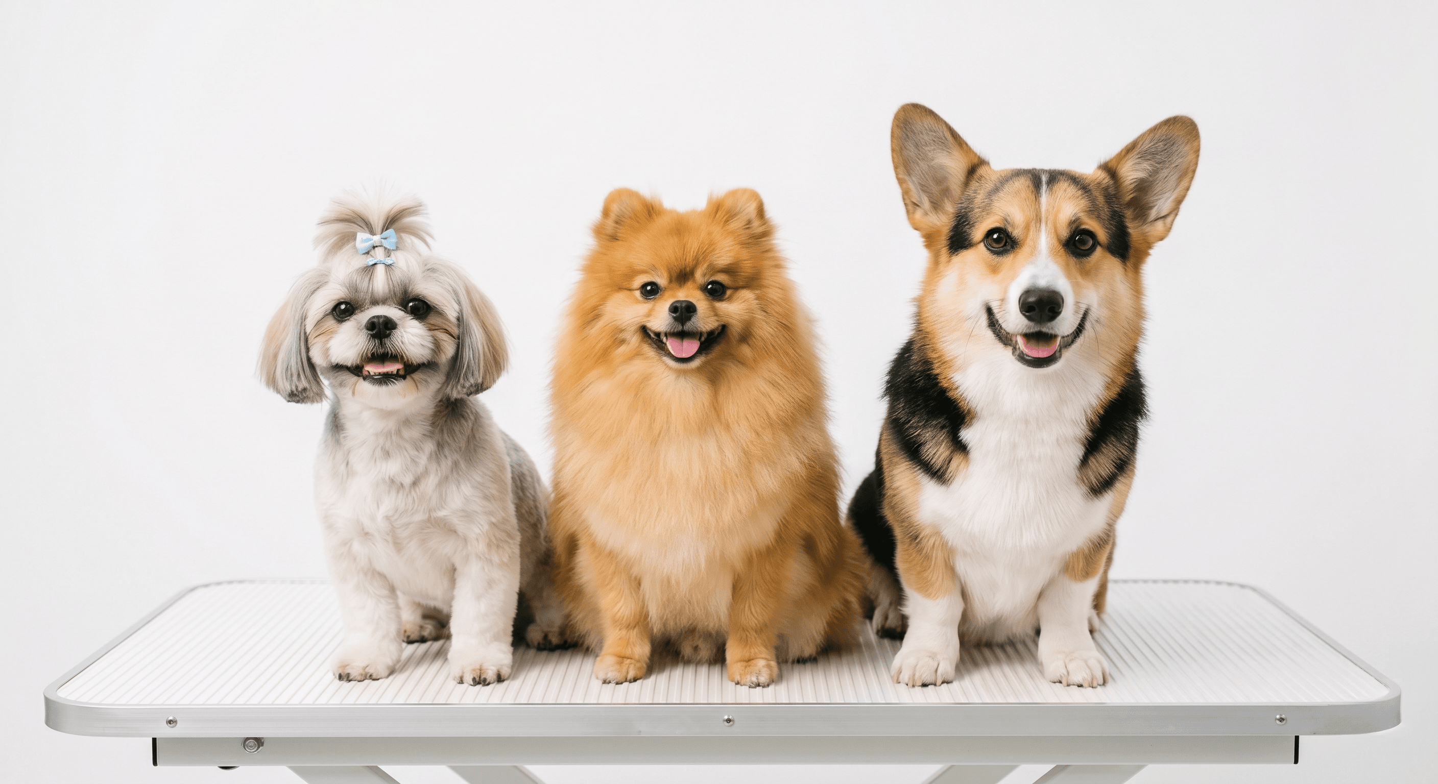Three dogs on grooming table